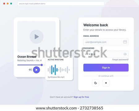 The interface displays a music library with a focus on relaxing sounds. A sign-in form is visible for users to access their accounts and listen to their playlists.