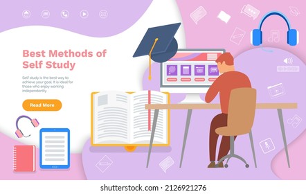 Interface of educational website. Online courses, virtual school, internet education. Webpage template, landing page. Man using program for distance learning. Best methods of self study concept