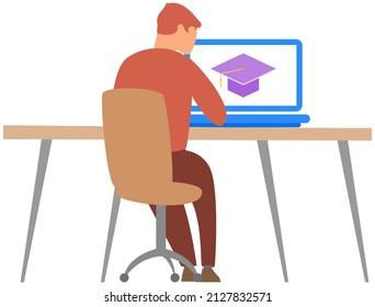 Interface of educational website. Online courses, virtual school, internet education. Webpage template, landing page. Man using program for distance learning. Best methods of self study concept