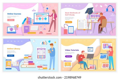 Interface of educational website. Online courses, virtual school, internet education. Webpage template, landing page. Man using program for distance learning. Best methods of self study concept