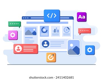 Interface elements and browser windows on browser window, Web design, UI UX, Software development, Web design, Application design, Coding, Web development flat illustration for landing page