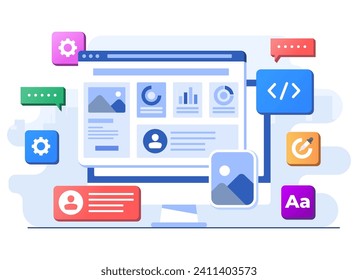 Interface elements and browser windows on computer, Web design, UI UX, Software development, Web design, Application design, Coding, Web development flat illustration for landing page