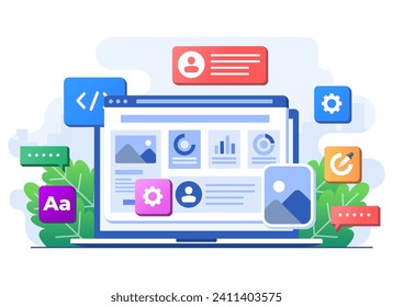 Interface elements and browser windows on the monitor screen, Web design, UI UX, Software development, Web design, Application design, Coding, Web development flat illustration for landing page