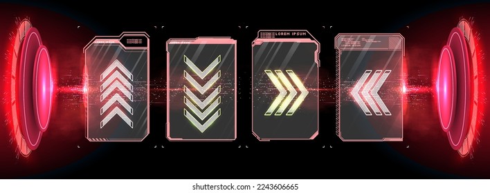 interface elements. futuristic abstract HUD frame screen, button, loading, text isolated on black background. GUI elements for game. Data information infographic. Vector