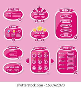 Interface elements for game and app design: buttons, menu Windows, and settings (GUI, UI).