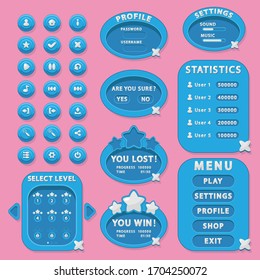 Interface elements for game and app design: buttons, menu, and settings (GUI, UI).