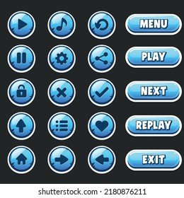 Interface elements for game and app design. Game ui kit. GUI to build 2D games. User buttons, settings, navigation, play, replay, pause, exit, and others.