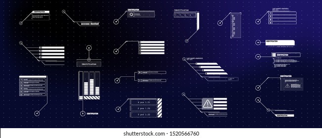 Interface elements HUD, UI, GUI. Vector Callout Titles set.  Futuristic callout bar labels, information call box bars and modern digital info boxes layout templates. Callouts titles in HUD style.