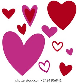 Interface elements. A set of pink and red hearts. A postcard icon, a heart.