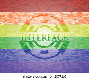 Interface emblem on mosaic background with the colors of the LGBT flag