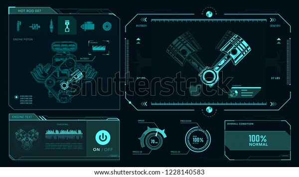 Interfaz, pistón del motor, combustión, dibujo mecánico vectorial, GUI
