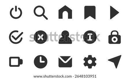 Interface essential glyph icons pack for web design. Solid icon set with basic buttons, power on off, search, home, bookmark, play, approval, decline, info and more pictograms. Vector illustration.