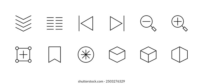 Interface and Essential icon collection. Basic interface icons, previous, add, create, layers, align, bookmark and more. Editable stroke. Pixel Perfect.