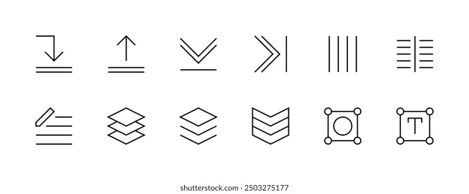 Interface and Essential icon collection. User interface icons, previous, layers, up, align, content, paragraph and more. Editable stroke. Pixel Perfect.