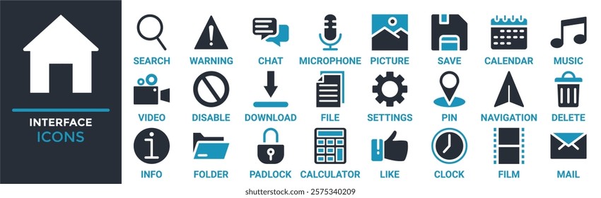 Interface essential icon set. Containing search, warning, chat, microphone, picture, save, calendar, music and more. Solid vector icons collection