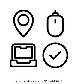 Interface Essential icons set = Pin, Mouse, Laptop, Checklist . Perfect for website mobile app, app icons, presentation, illustration and any other projects.