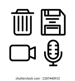 Interface Essential icons set = Trash, Disk, Video, Microphone. Perfect for website mobile app, app icons, presentation, illustration and any other projects.