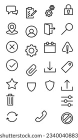 Interface Essential Vector Line Icons Simple Set. Enthält Symbole wie Wetter, Pfeil, Bearbeiten, Ausrichten, Sperren und vieles mehr. Wird für Web, Mobile, UIUX verwendet. 48 px
