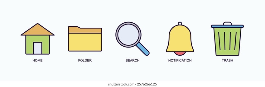 Interface Essentials Icon Set Isolated Vector With Icon Of Home, Folder, Search, Notification, Trash In Outline Color Style
