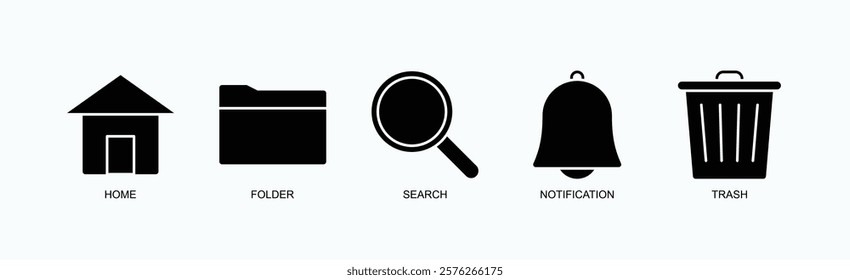 Interface Essentials Icon Set Isolated Vector With Icon Of Home, Folder, Search, Notification, Trash In Glyph Style