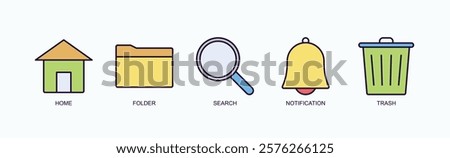 Interface Essentials Icon Set Isolated Vector With Icon Of Home, Folder, Search, Notification, Trash In Outline Color Style