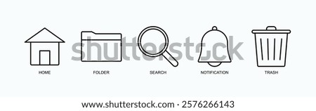 Interface Essentials Icon Set Isolated Vector With Icon Of Home, Folder, Search, Notification, Trash In Outline Style