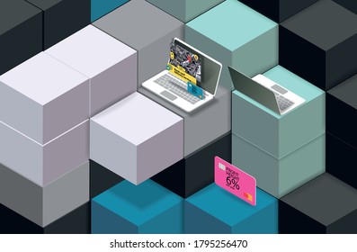 La interfaz de un sitio financiero en una pantalla de un portátil gris sobre un fondo abstracto. Bandera de vectores