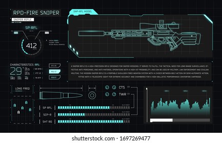 Interface with futuristic weapon and graphs, sniper rifle, game UI
