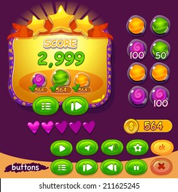 Interface game design (resource bar, buttons set icons and resource icon for game) vector illustration 