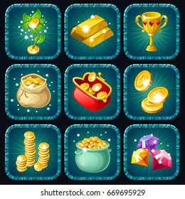 Interface for games. Money and gold. Isolated vector illustration