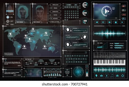 Interface HUD design set. UI futuristic infographic elements. Vector illustration. Virtual graphic touch user interface. Technology background. Social media icons collection.  Display elements for web