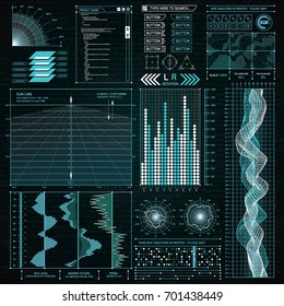 Interface HUD design set. UI futuristic infographic elements. Vector illustration. Virtual graphic touch user interface. Technology background. Science research icons collection.  Display elements.