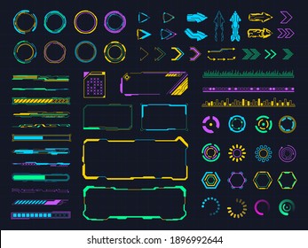 Interface hud elements. Digital holographic hud bars and frames, user screen menu elements. Futuristic hologram panels vector illustration set. Colorful virtual arrows, borders for info