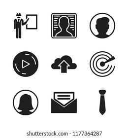 interface icon. 9 interface vector icons set. tie of a businessman or information letter interface symbol, open email and play button icons for web and design about interface theme
