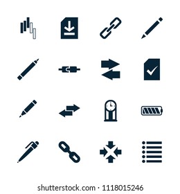 Interface icon. collection of 16 interface filled icons such as pen, move, link, plug in power socket, file, battery, pendulum. editable interface icons for web and mobile.