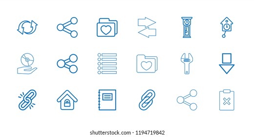 Interface icon. collection of 18 interface outline icons such as notepad, chain, arrow down, folder with heart, share, update. editable interface icons for web and mobile.