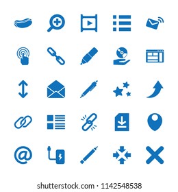 Interface icon. collection of 25 interface filled icons such as pen, menu, move, chain, hot dog, envelope, file, cross, star. editable interface icons for web and mobile.