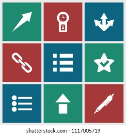 Interface icon. collection of 9 interface filled icons such as pen, star, arrow, pendulum, arrow up, menu. editable interface icons for web and mobile.