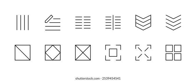 Interface icon collection. Outline user interface icons, edit, hierarchy, checklist, application, text, focus, workspace and more. Editable stroke. Pixel Perfect. Grid base 32px.