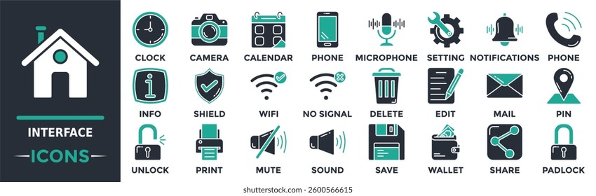 Interface icon collection set. Containing share, padlock, home, clock, camera, calendar, phone and more. Solid vector icons collection