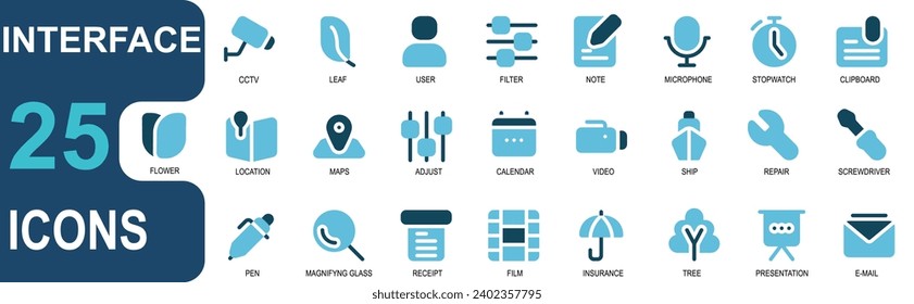 interface icon collection.duo tone style.contains zoom,receipt,film,insurance,tree,presentation,email.vector graphics collection.