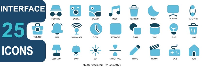 interface icon collection.duo tone style.contains table lamp,lamp,lighting,sun,toll mirror,editing,pen,film,filming,game,home.for use ui vector illustration.