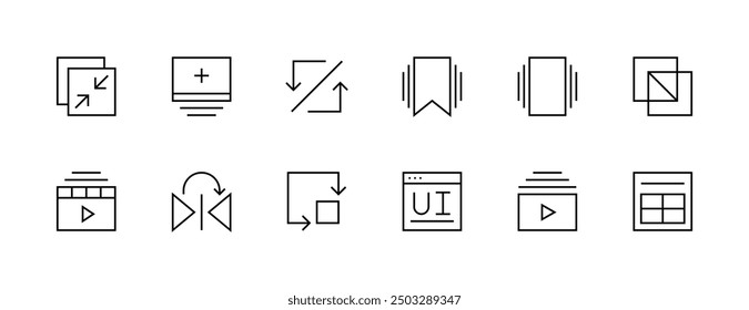 Interface icon collection. User interface icons, layout, sidebar, expand, browser, bookmark, display, gallery, reflect and more. Editable stroke. Pixel Perfect.