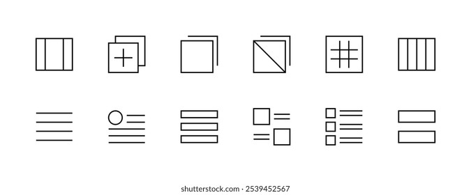 Colección de iconos de interfaz. Iconos de interfaz de usuario, diseño, barra lateral, lista de verificación, lista de reproducción, estructura, Portapapeles, espacio de trabajo y más. Trazo editable. Pixel perfecto. Base de rejilla 32px.