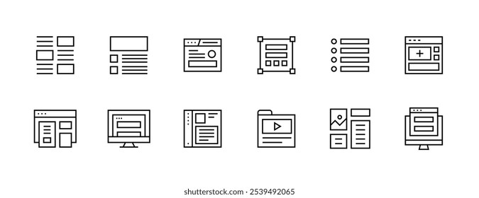 Interface icon collection. User interface icons, layout, sidebar, checklist, browser, wireframe, gallery, workspace and more. Editable stroke. Pixel Perfect. Grid base 32px.