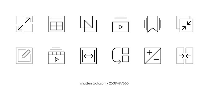 Interface icon collection. User interface icons, layout, bookmark, multimedia, edit, expand, collapse, workspace and more. Editable stroke. Pixel Perfect. Grid base 32px.
