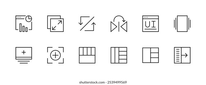 Interface icon collection. User interface icons, layout, sidebar, flip, browser, wireframe, focus, expand and more. Editable stroke. Pixel Perfect. Grid base 32px.