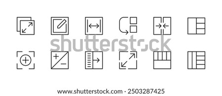 Interface icon collection. User interface icons, layout, sidebar, expand, browser, wireframe, gallery, create and more. Editable stroke. Pixel Perfect. Grid base 32 x 32.