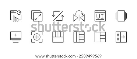 Interface icon collection. User interface icons, layout, sidebar, flip, browser, wireframe, focus, expand and more. Editable stroke. Pixel Perfect. Grid base 32px.