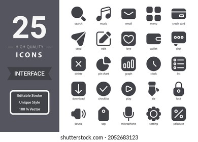 Interface icon pack for your website design, logo, app, UI. Interface icon glyph design. Vector graphics illustration and editable stroke.